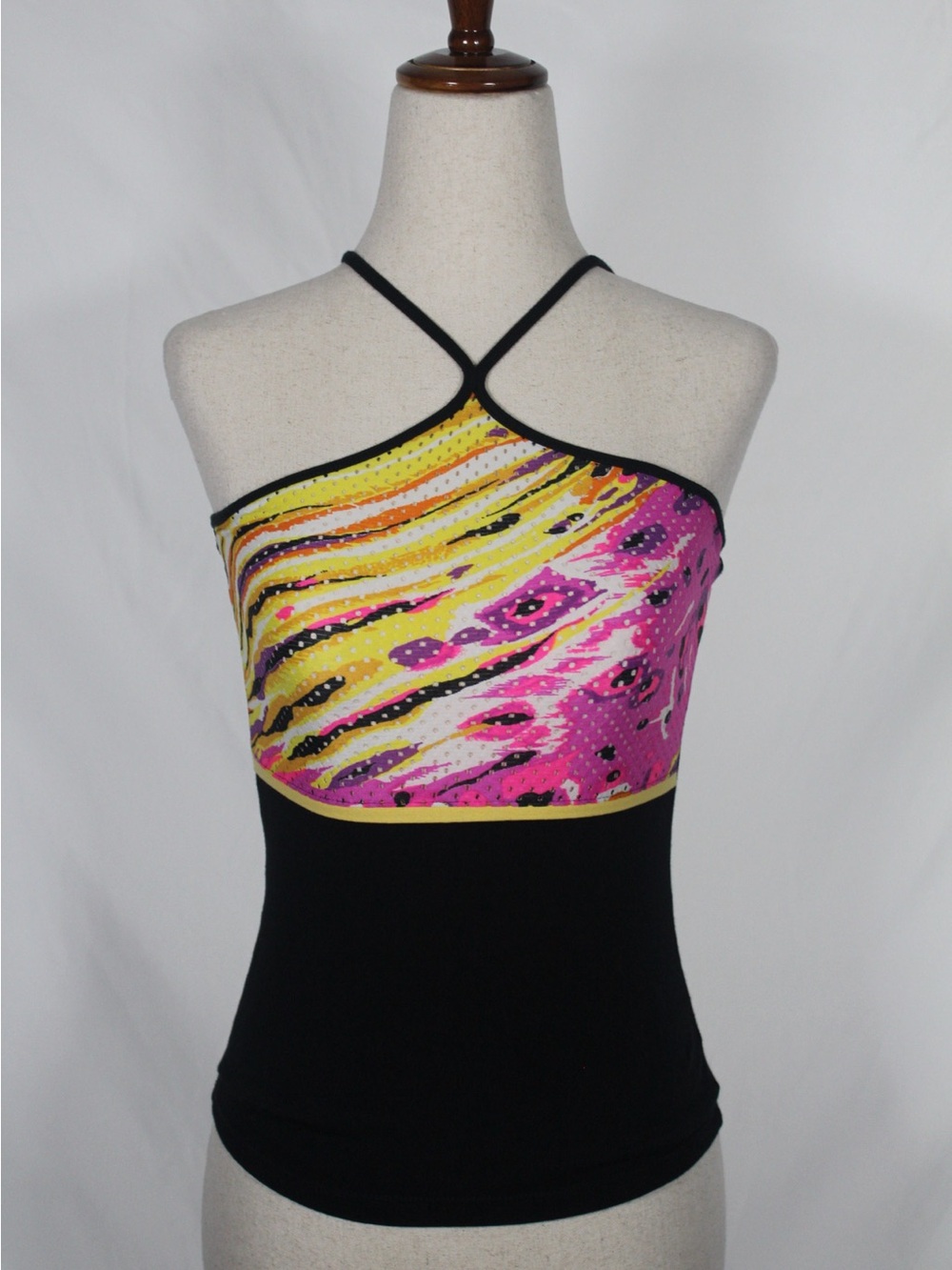 Women's Y2K Workout Black Halter Tank with Pink and Yellow Abstract Print